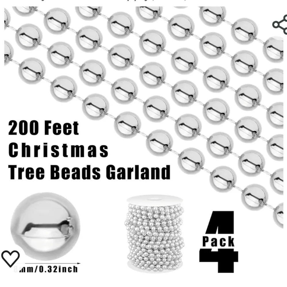 New with tags! Pack of 4 rolls of silver faux pearl bead garland decorations
